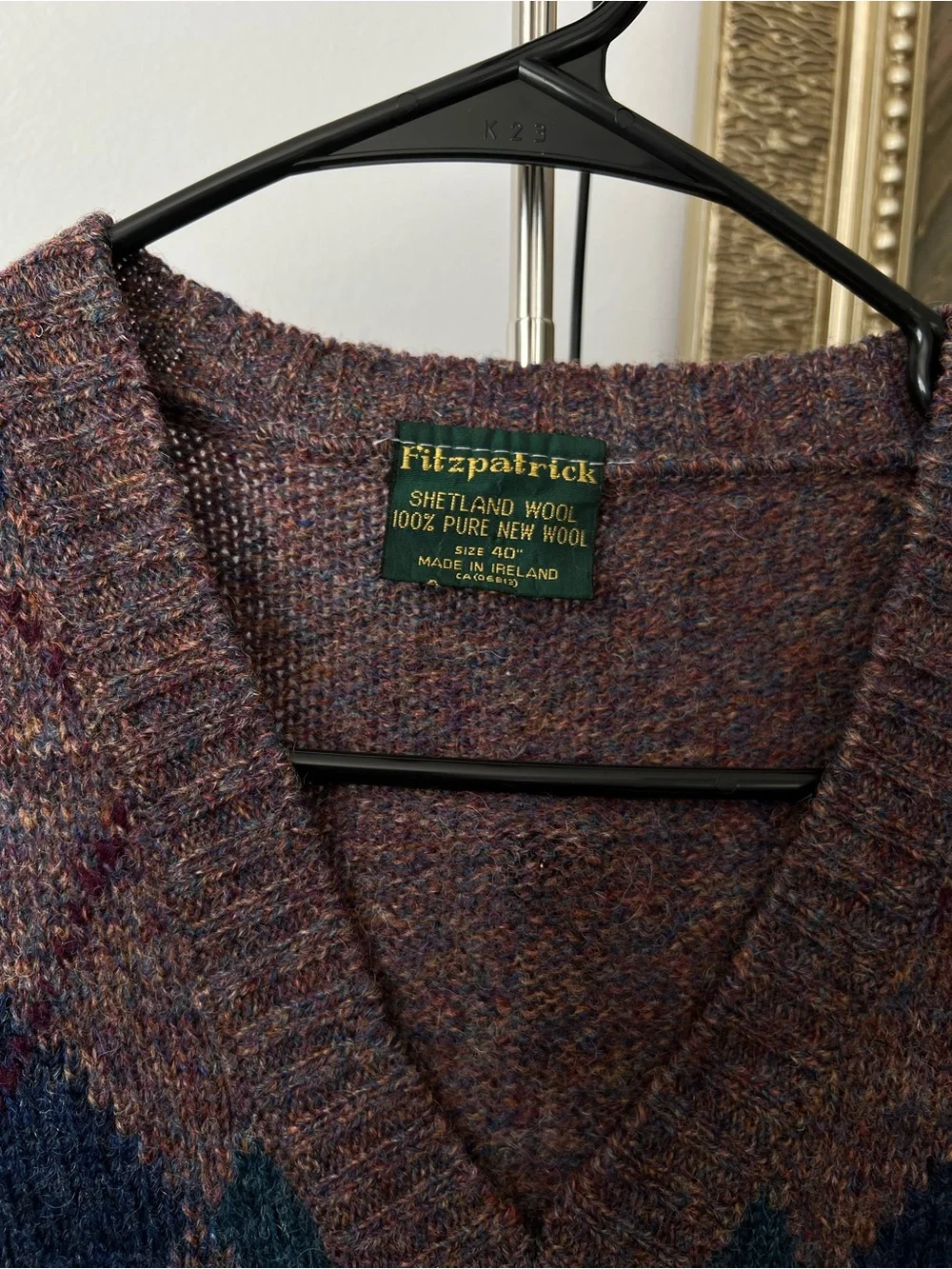 Fitzpatrick Ireland 100% Pure Shetland Wool V-Neck Sweater Vest Argyle Men 40